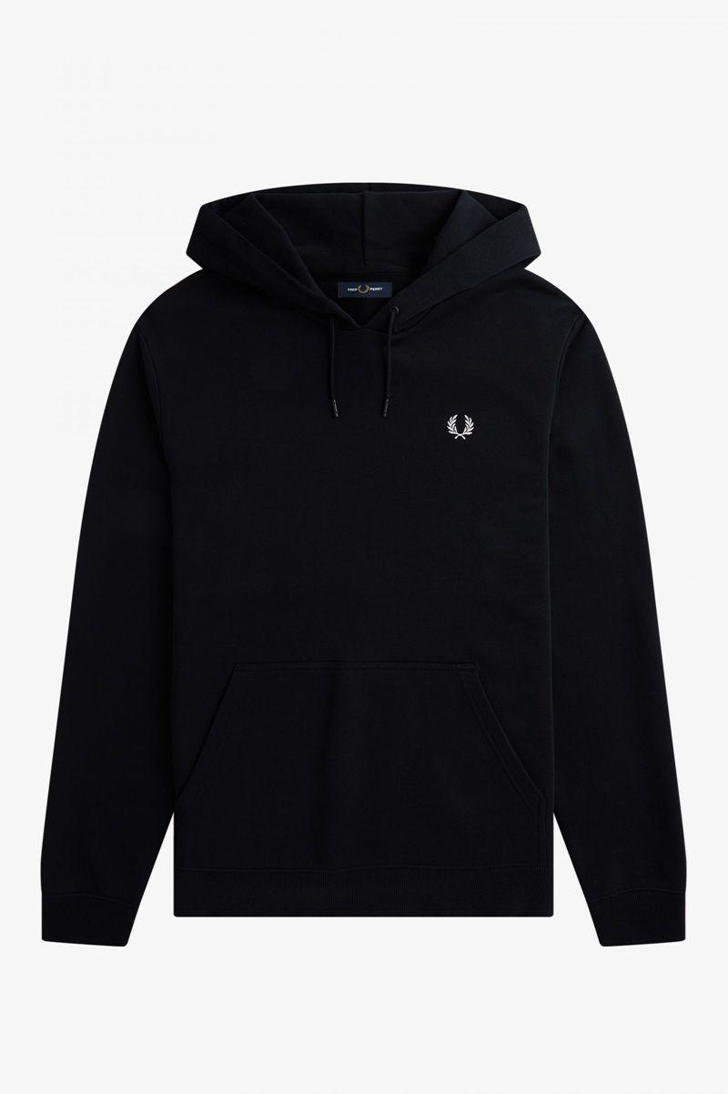 Black Fred Perry Printed Patch Hooded Sweatshrt Men's Sweatshirts | PH 1599EBCX